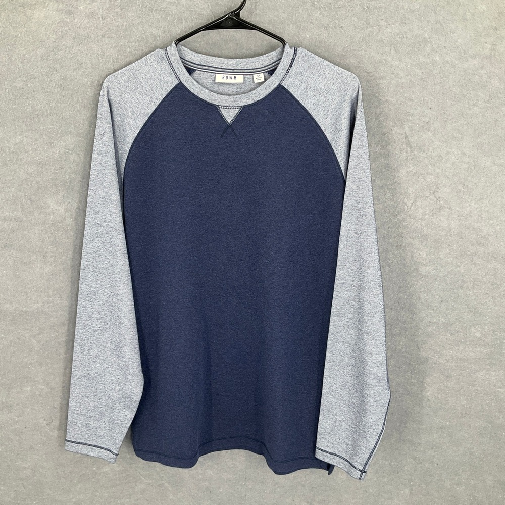 ROWM Shirt Mens Sz M Crew Neck Long Sleeve T-Shirt Blue Gray Raglan Casual